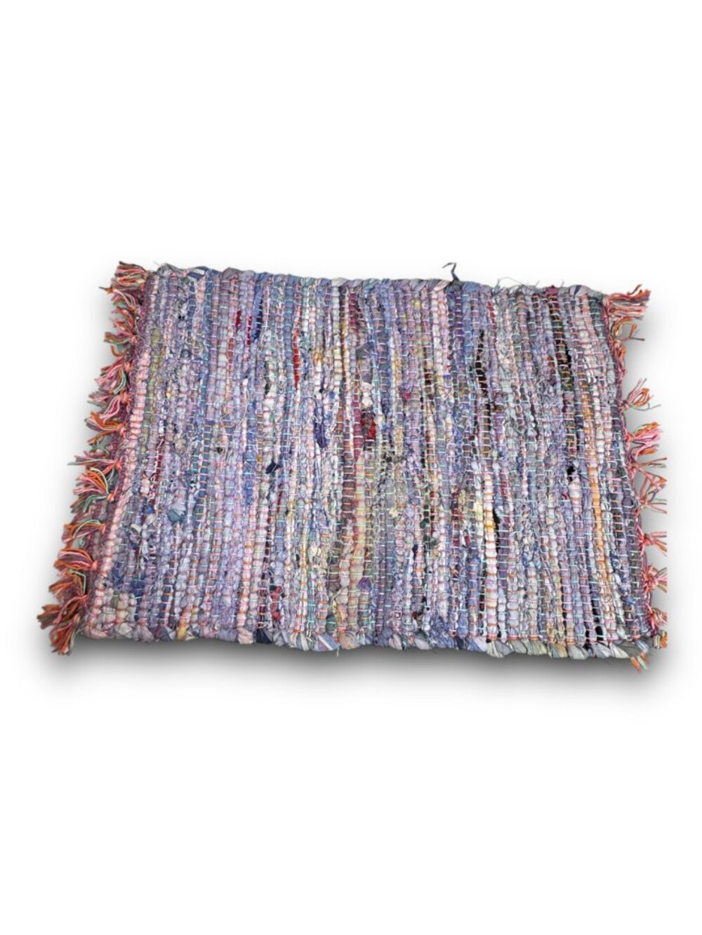 Handwoven Multicolor Rag Rug Placemats With Fringe Cotton & Polyester Boho Table - Picture 3 of 6